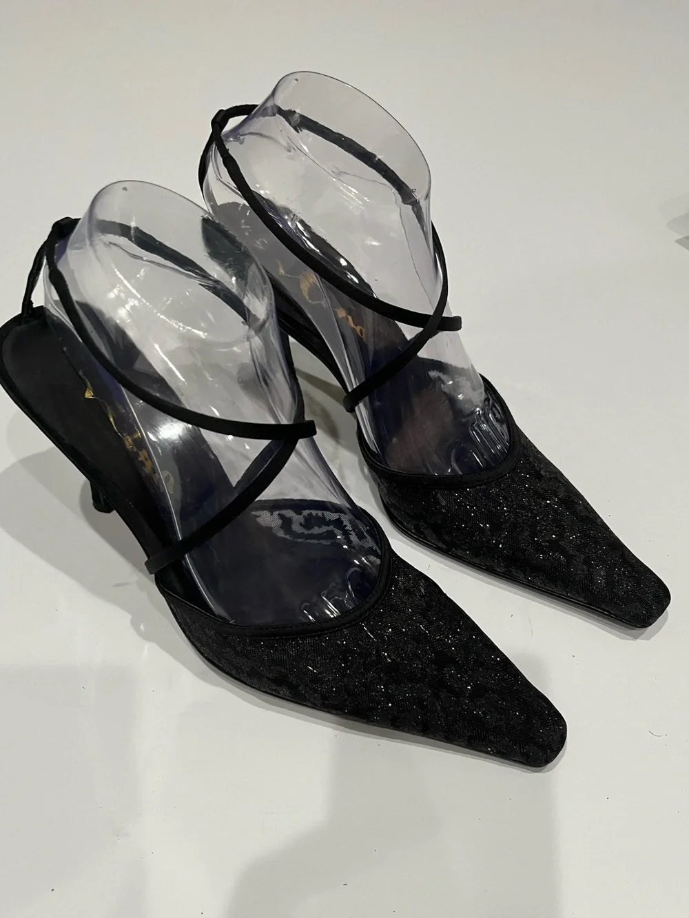 Nina Vintage Black Glittery Strappy Pointed-Toe Kitten Heel Pumps Sz.‎ 8.5
